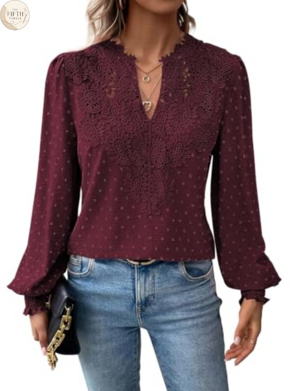 Falechay Women's Lace Floral V-Neck Boho Blouse Long Sleeve Ruffle Top